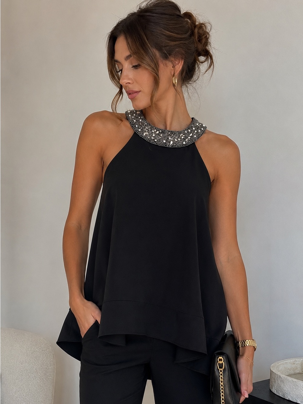 MLV Maison La Vie Top Size S Black Beaded Pearl Collar High Low Blouse NWT